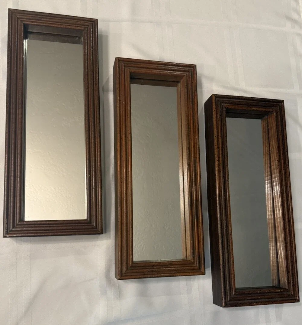 Vintage MCM Solid Wood Gallery Wall Mirrors Triple Set Tiered Molding 13x5x1 3/4